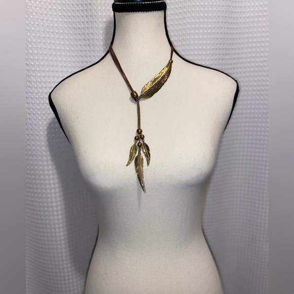 Women’s Bohemian black Rhinestone Feather Pendant Faux Leather Rope Necklace - Picture 4 of 10